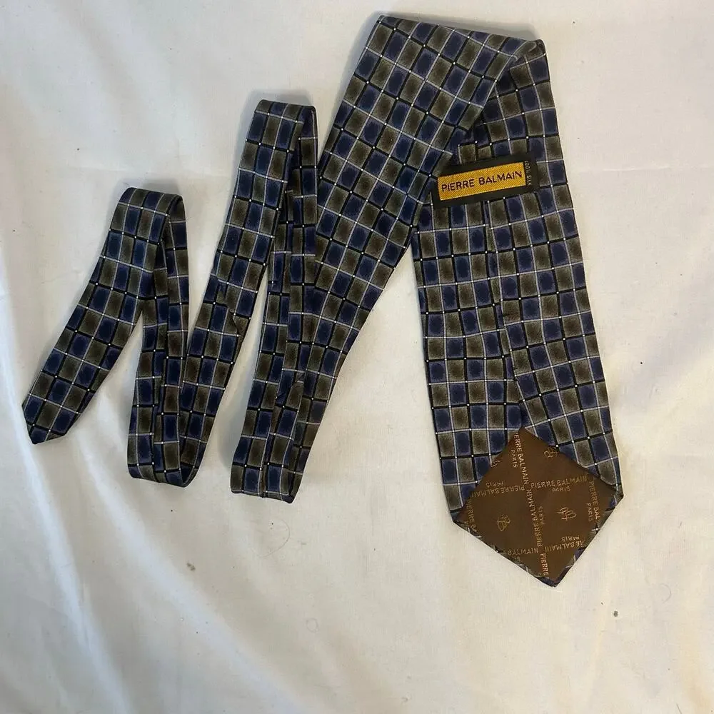 Vintage Pierre Balmain Silk Tie Blue Geometric Check Pattern Designer Paris